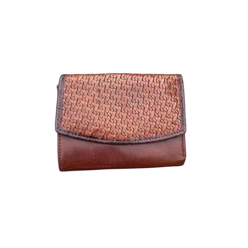 Fossil Brown Genuine Leather Woven Trifold Wallet Women Small Zip Pocket Snap